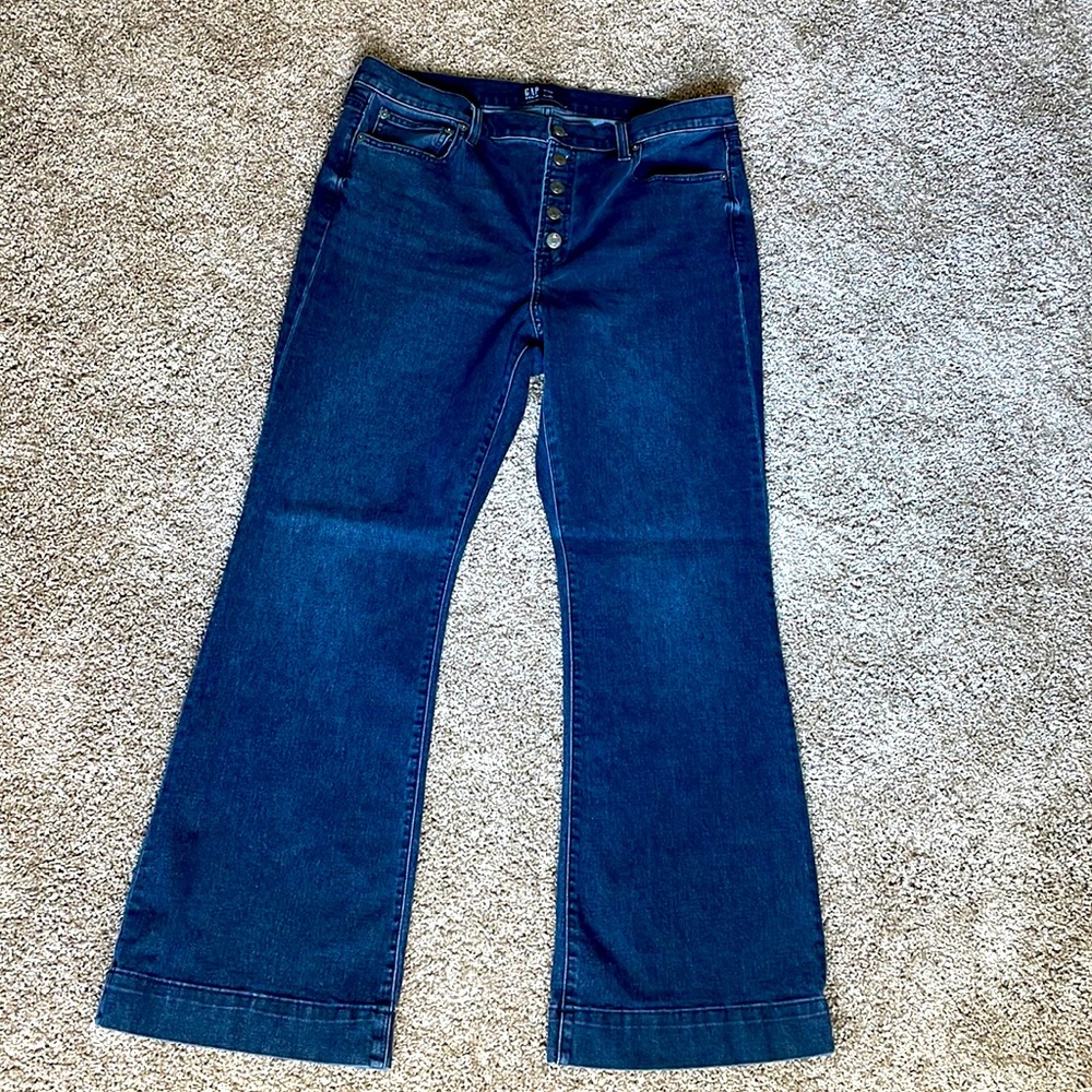 GAP High Rise Button Fly Flare Jeans w/ Washwell | Dark Rinse | 16/33R